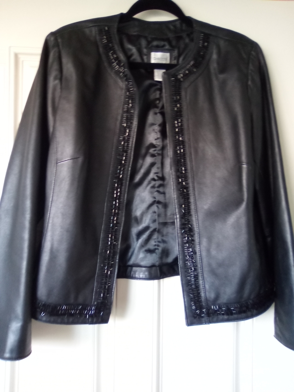 Chico's Black Leather Jacket with Beaded Trim